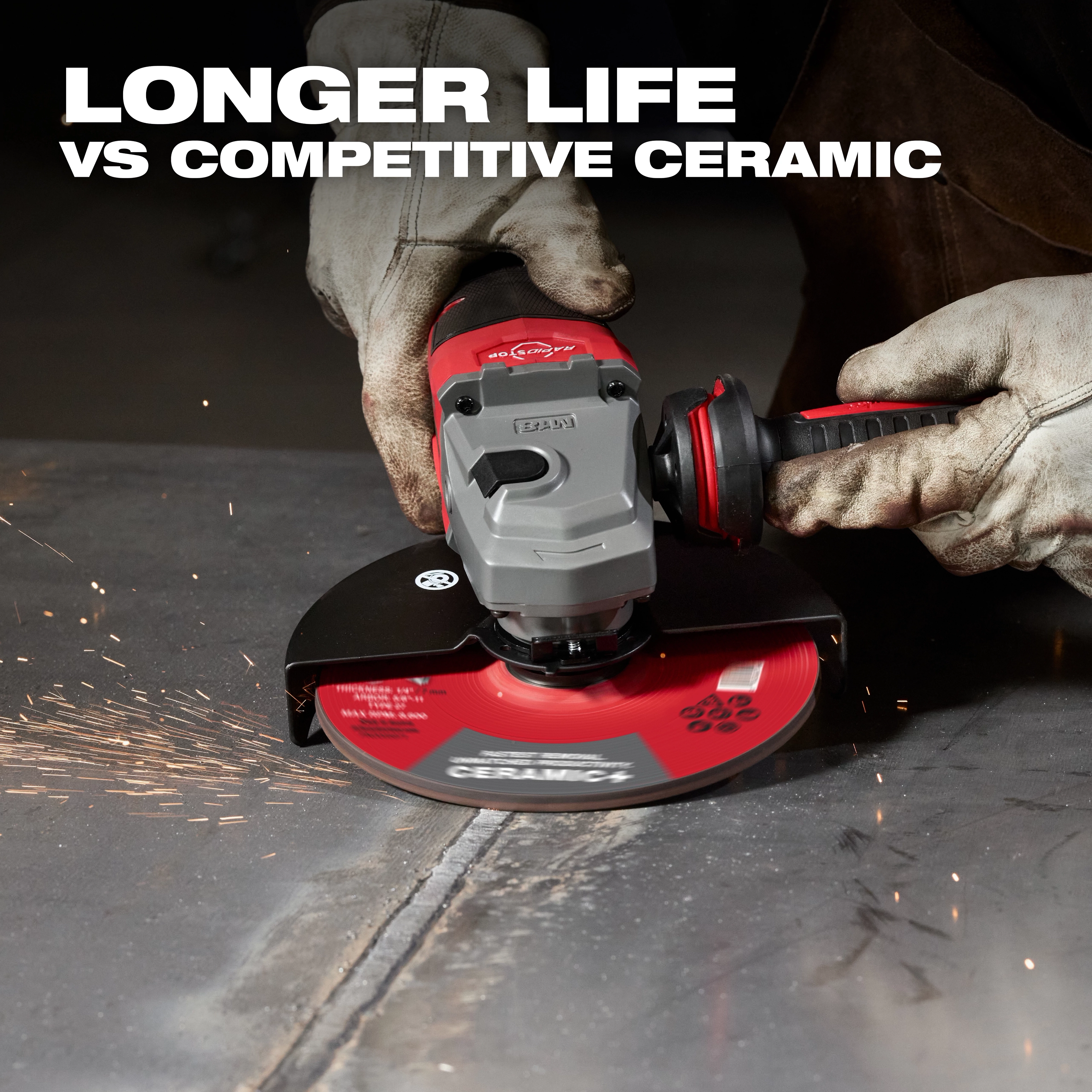 Person grinding metal with an angle grinder equipped with a Bonded Abrasives Grinding disc. Text reads "LONGER LIFE VS COMPETITIVE CERAMIC".
