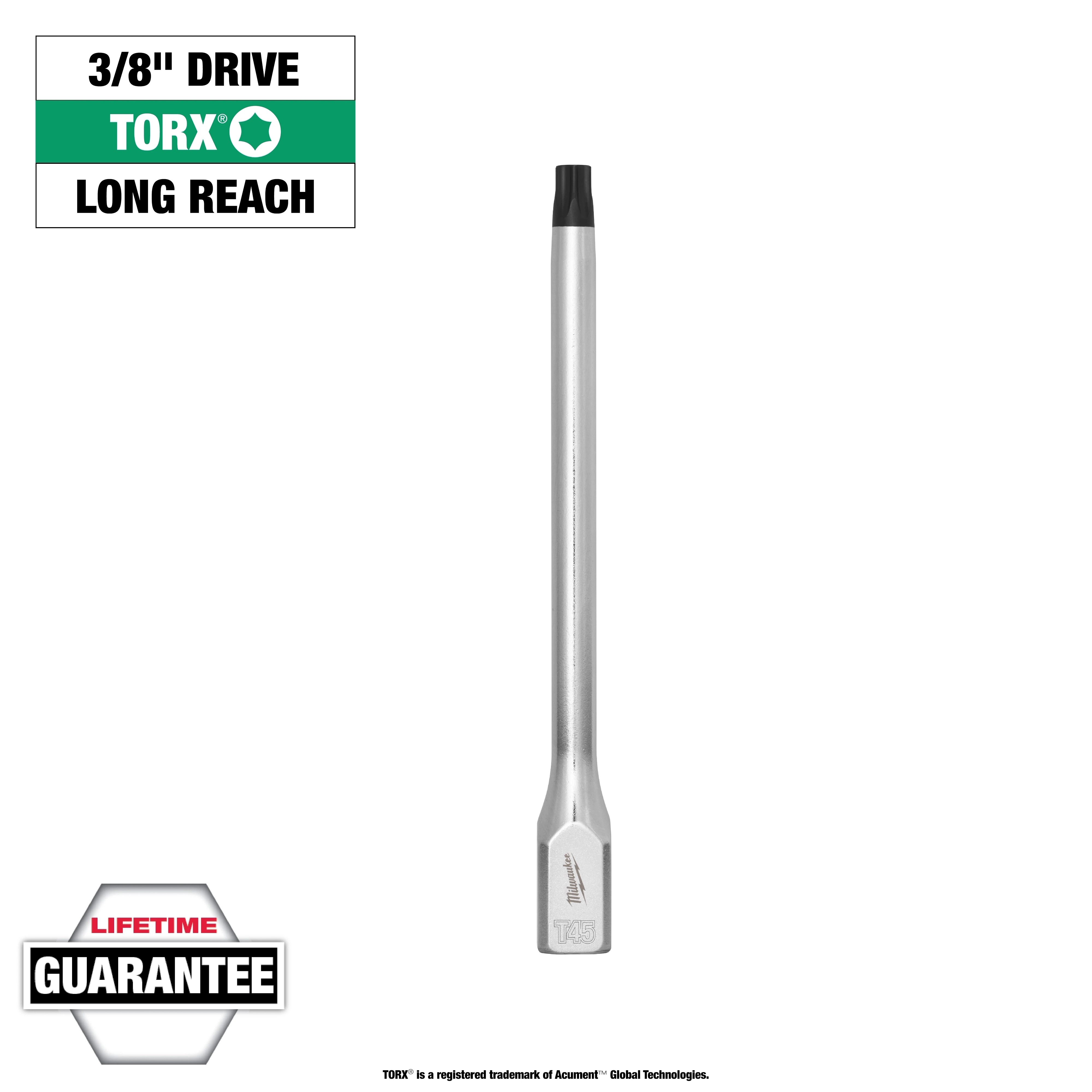1/4" Drive T45 Long TORX Bit Socket with silver finish, long reach design, and a lifetime guarantee. Text includes "3/8" Drive" and "TORX."