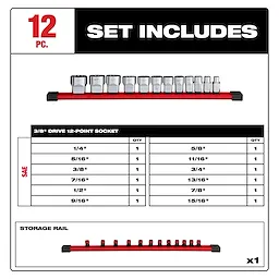 Image showing the 12pc 3/8" Drive 12-Point SAE Socket Set, including sockets ranging from 1/4" to 15/16" and a red storage rail. Each socket size and quantity are listed, with a single socket for each specified size. The rail holds all 12 sockets neatly.