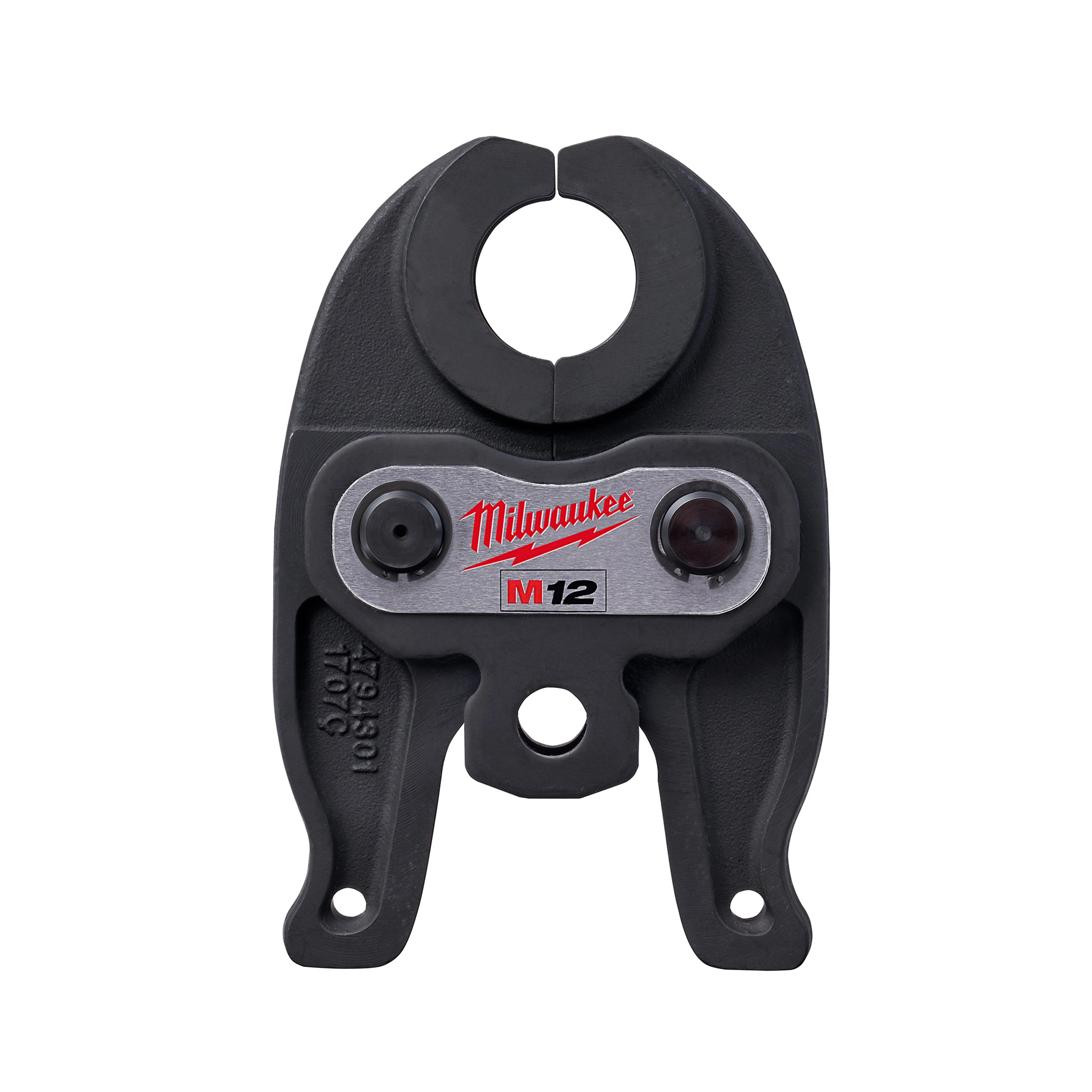Milwaukee M12 1/2" BIP Jaw, a black and silver metal tool attachment with a circular clamp at the top and mounting holes at the bottom.