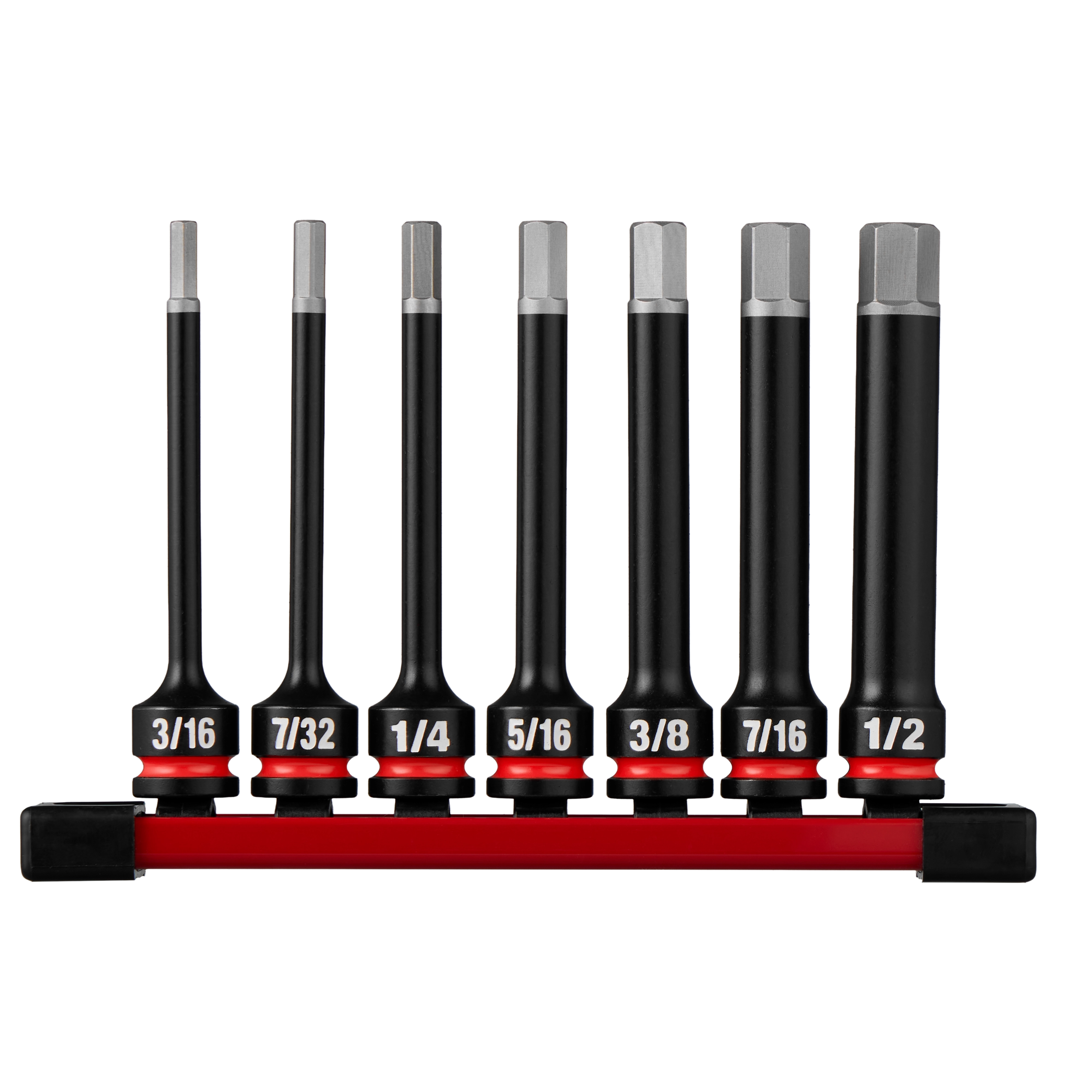 7PC SHOCKWAVE Impact Duty 3/8" Drive 4" Hex SAE Bit Socket Set arranged on a red holder with size labels.