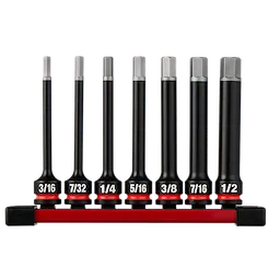 7PC SHOCKWAVE Impact Duty 3/8" Drive 4" Hex SAE Bit Socket Set arranged on a red holder with size labels.