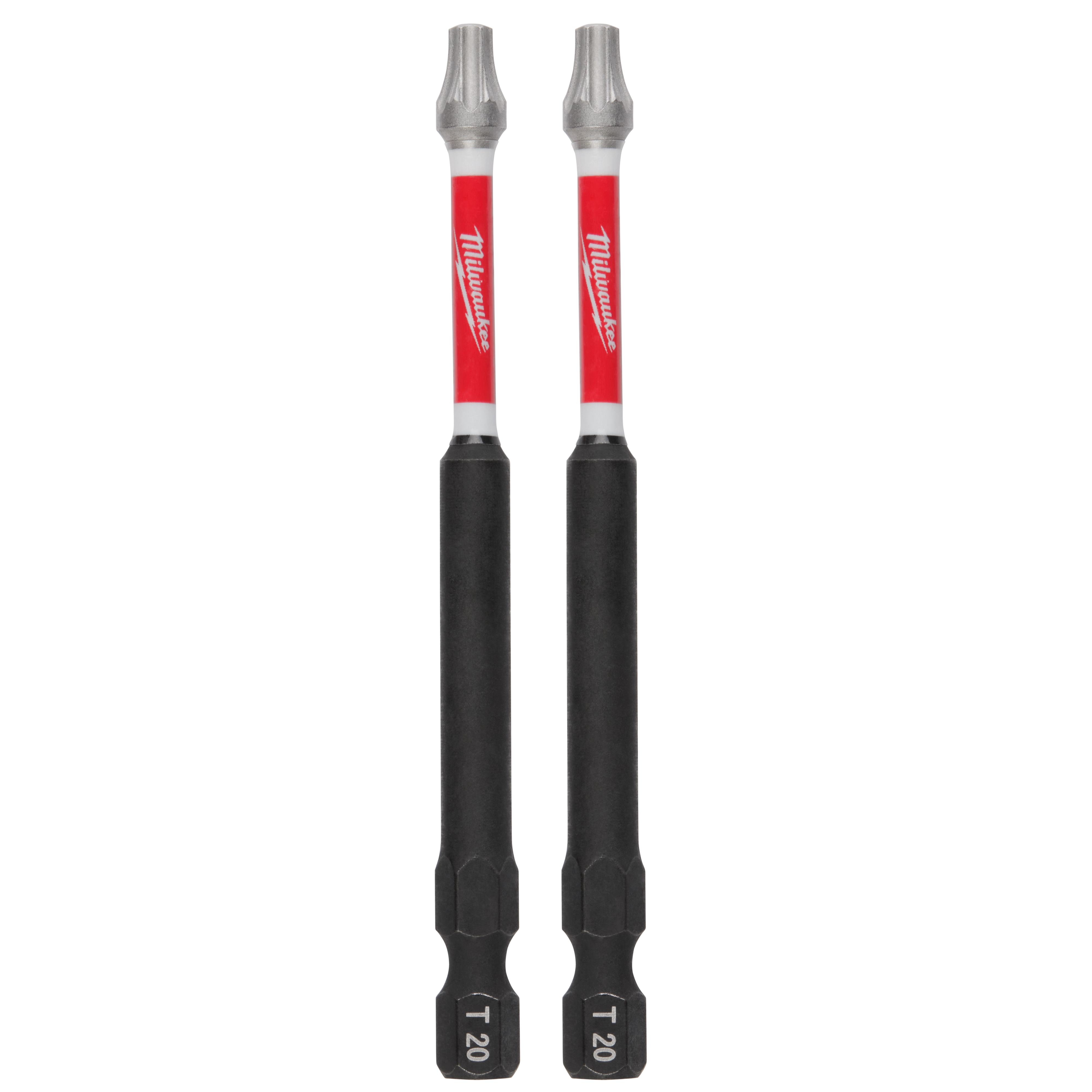 The image shows two SHOCKWAVE™ 3-1/2" Impact Duty T20 Bits (2 PK) by Milwaukee. They have red and black handles with silver tips, designed for high durability in impact driver applications.