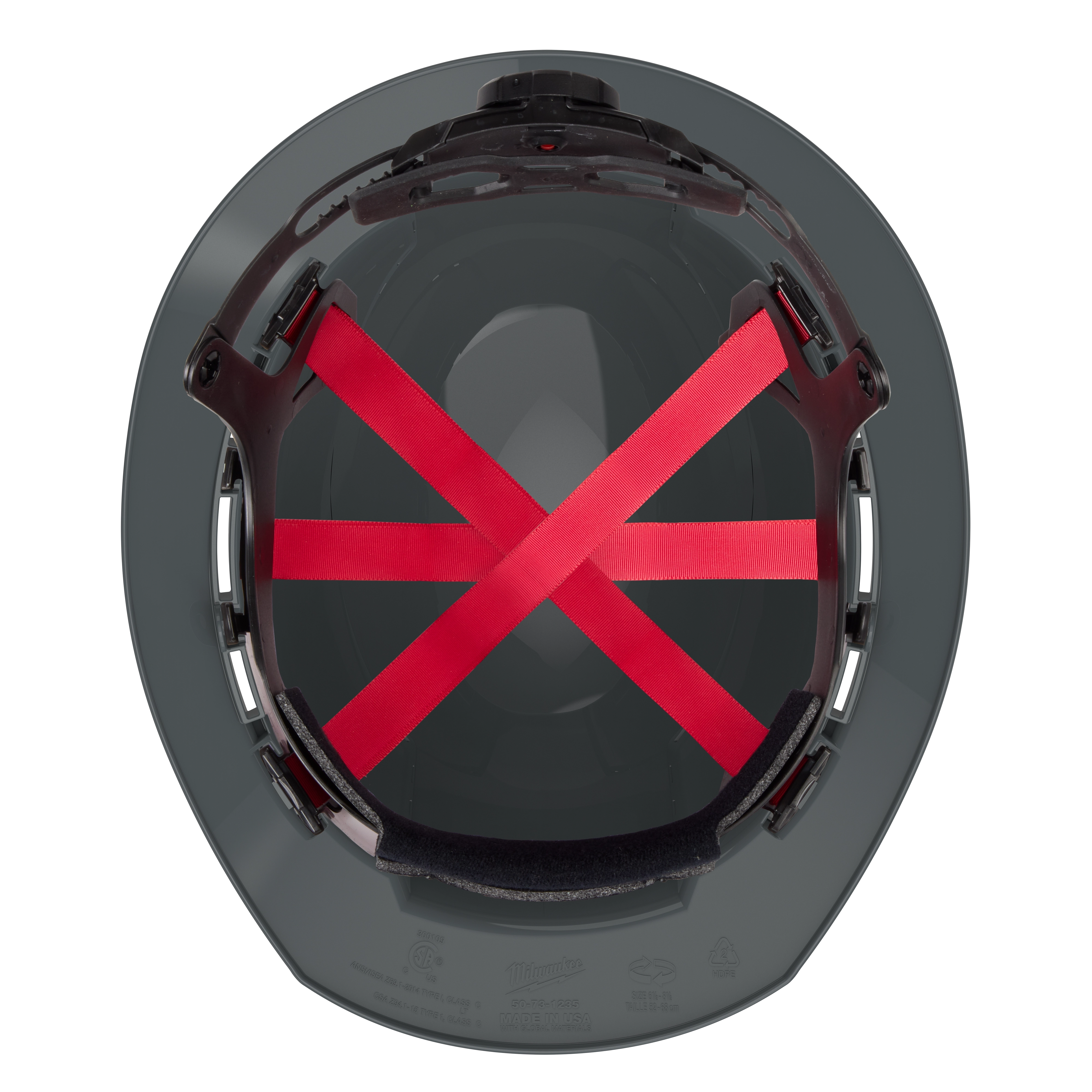 Top view of BOLT Gray Full Brim Vented Hard Hat w/6pt Ratcheting Suspension (USA) - Type 1, Class C
