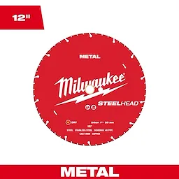 Milwaukee Steelhead Metal Cutting Blade is a 12-inch circular blade designed for cutting through steel, stainless steel, schedule 40 pipe, cast iron, and copper.