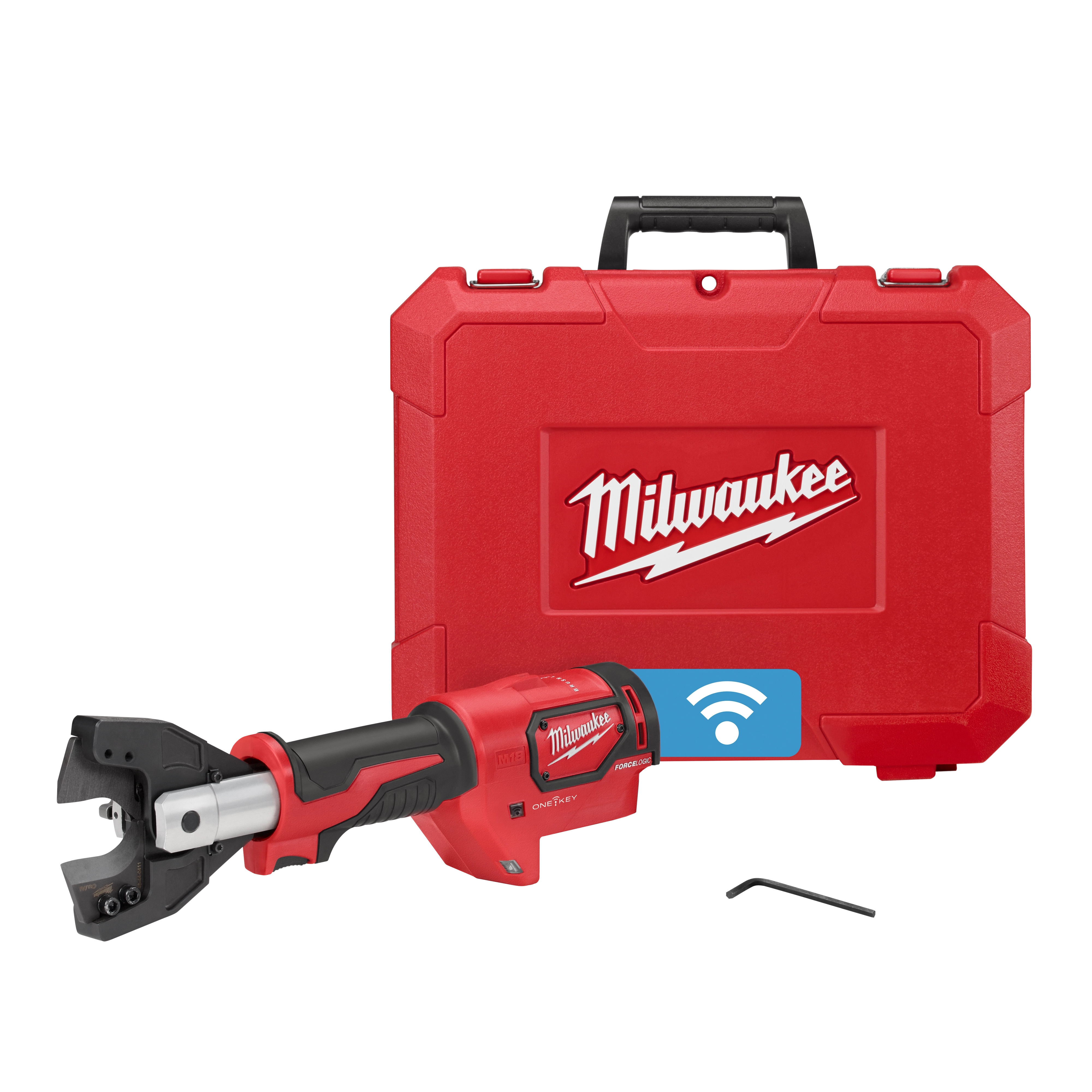 The image features the M18™ FORCE LOGIC™ Cable Cutter from Milwaukee, shown with its red carrying case. The cable cutter is black and red, with a metallic cutting head, and a hex key is placed beside it. The case is labeled with the Milwaukee logo.