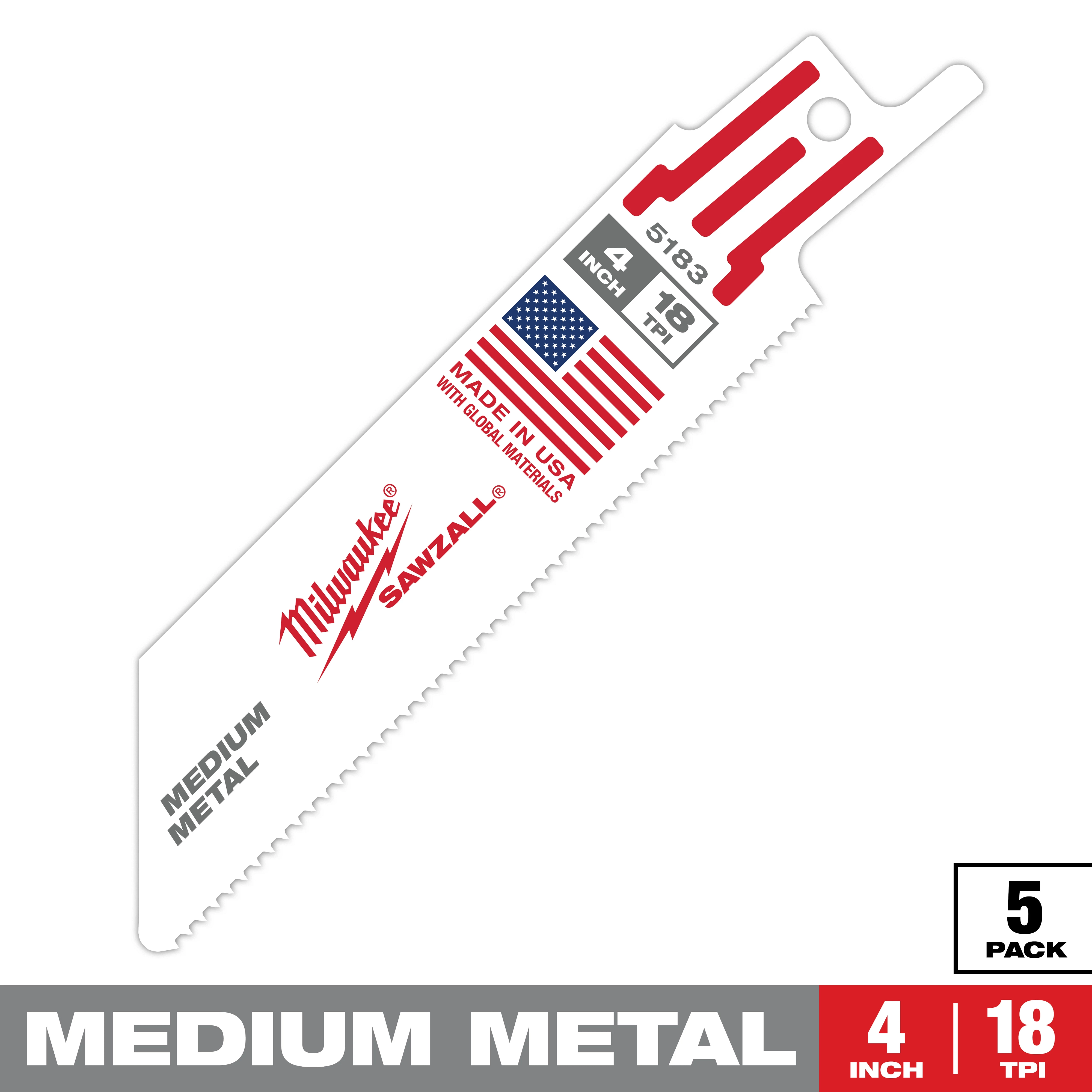 Milwaukee Sawzall medium metal reciprocating saw blade, 4 inches long with 18 teeth per inch, made in the USA. The pack contains five blades.