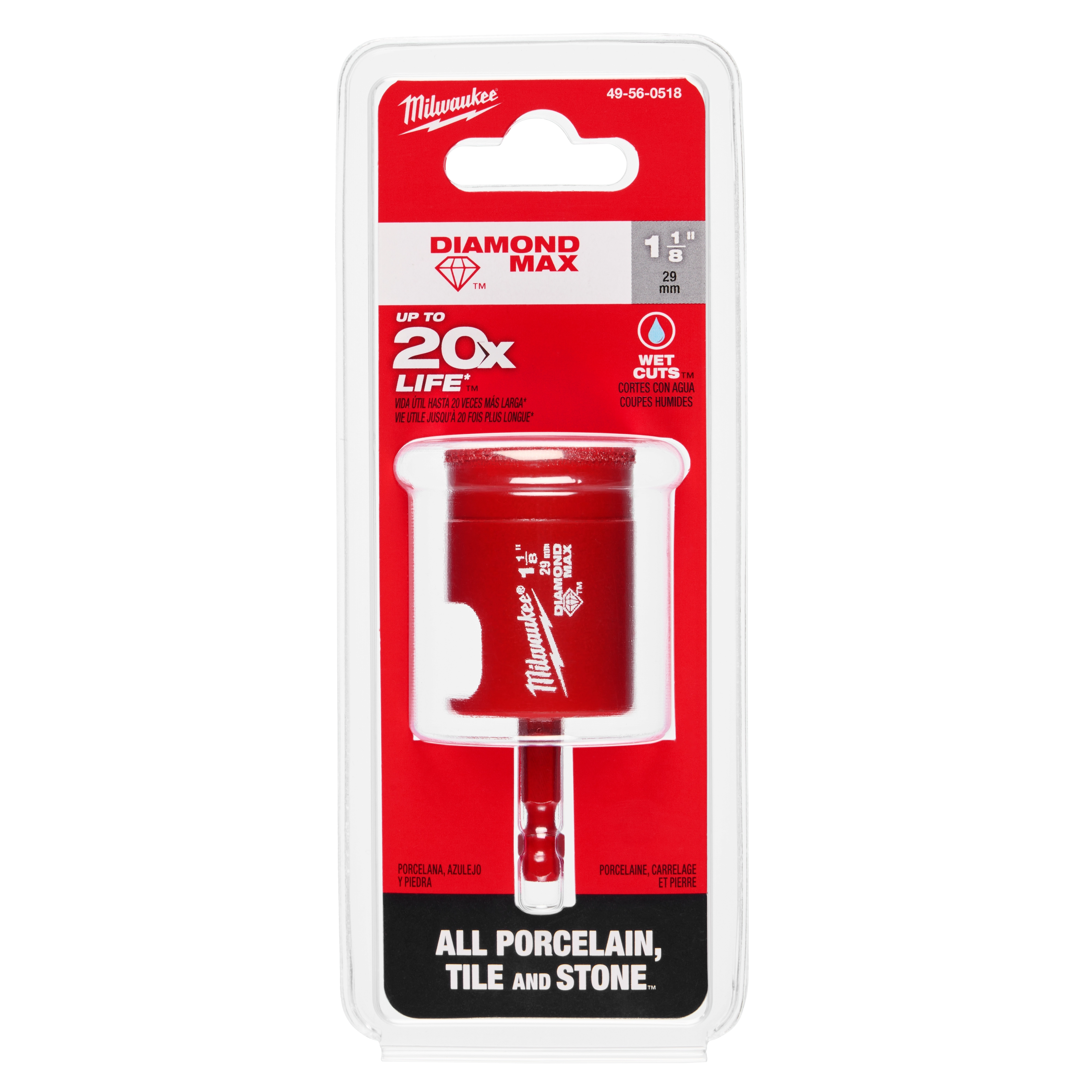 1-1/8" Diamond Max Hole Saw Bit in red packaging, suitable for cutting porcelain, tile, and stone, offering up to 20x longer life.