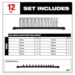 This image displays a 12pc 3/8” Drive 12-Point Deep Well Metric Socket Set. The set includes sockets in various sizes (8mm to 19mm) arranged on a storage rail. Each socket size is listed alongside its quantity, totaling 12 pieces.