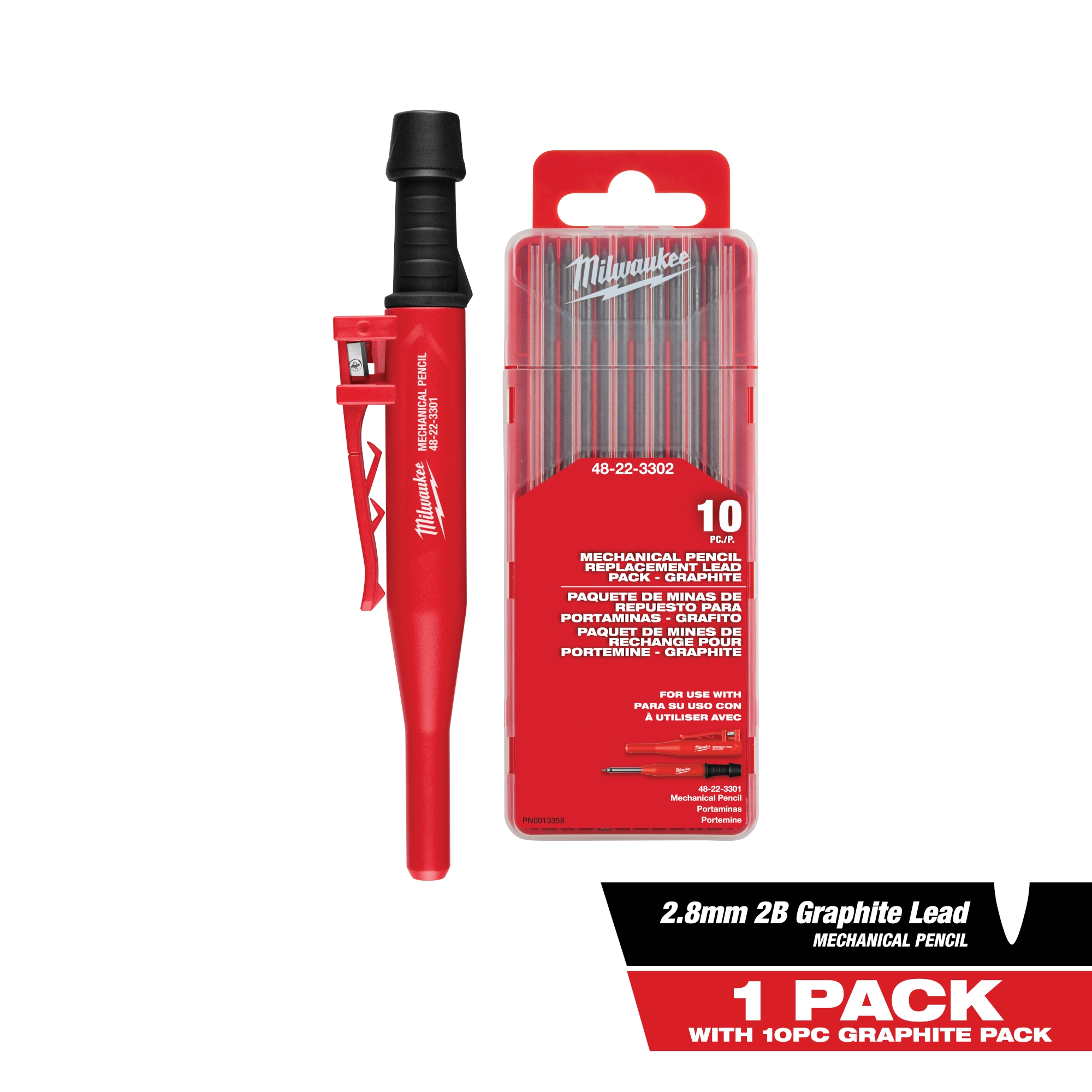 Mechanical Pencil with Lead Pack, red body, black grip, and attached clip; includes 2.8mm 2B graphite lead, 1 pack with 10pc graphite pack.