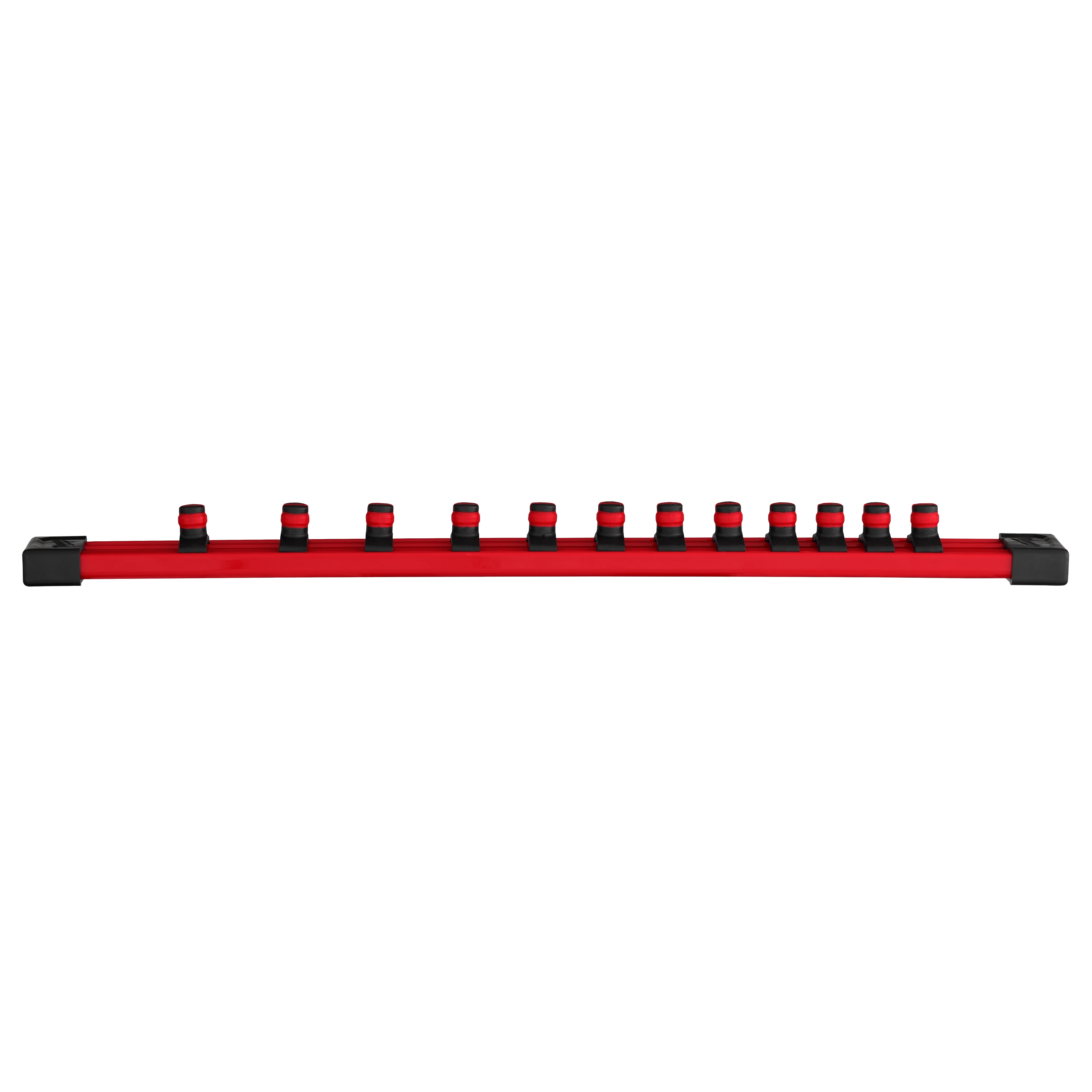 The image shows a 12pc 3/8" Drive 12-Point SAE Socket Set. The set includes 12 sockets neatly arranged on a red, rail-style holder with black clips, making them easily accessible and organized.