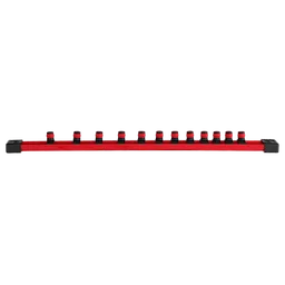 The image shows a 12pc 3/8" Drive 12-Point SAE Socket Set. The set includes 12 sockets neatly arranged on a red, rail-style holder with black clips, making them easily accessible and organized.