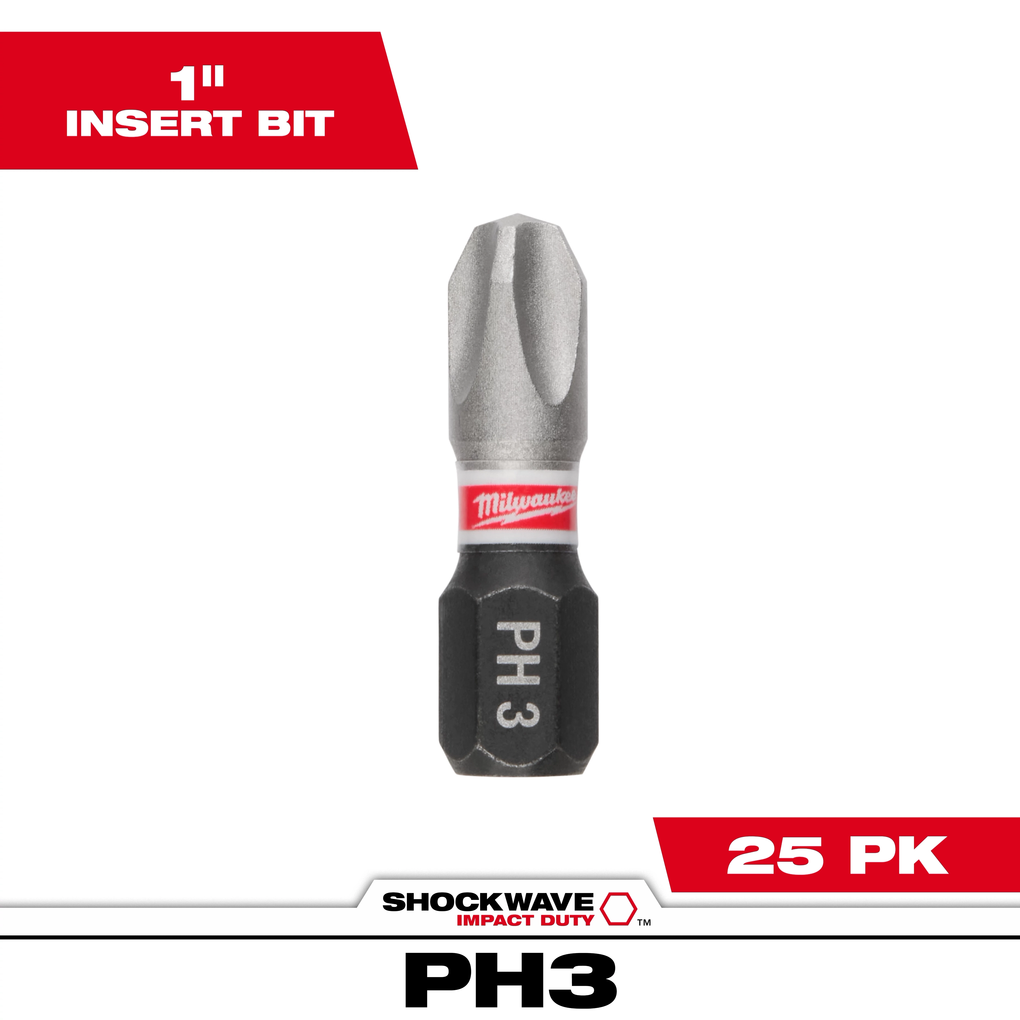 The image shows a SHOCKWAVE™ 1" Insert Bit PHILLIPS #3 Bulk 25-pack. The bit is labeled PH 3 and has a metallic finish with a red band displaying the Milwaukee logo. The packaging highlights its size and the quantity of 25 bits.