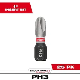 The image shows a SHOCKWAVE™ 1" Insert Bit PHILLIPS #3 Bulk 25-pack. The bit is labeled PH 3 and has a metallic finish with a red band displaying the Milwaukee logo. The packaging highlights its size and the quantity of 25 bits.
