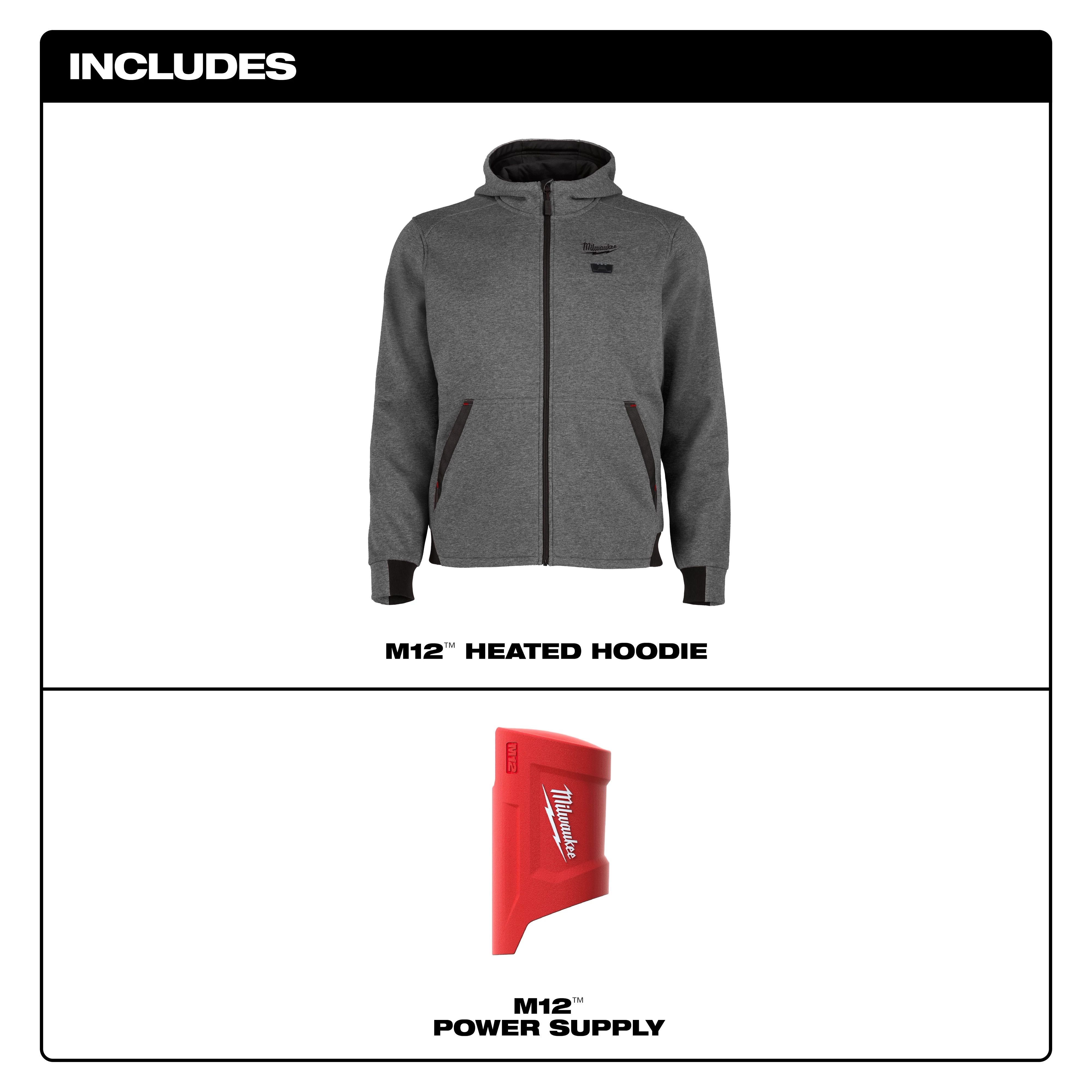 The M12™ Heated Hoodie is shown in gray with black zippers and pockets. Included with the hoodie is an M12™ Power Supply, which is red and marked with the Milwaukee logo.