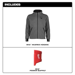 The M12™ Heated Hoodie is shown in gray with black zippers and pockets. Included with the hoodie is an M12™ Power Supply, which is red and marked with the Milwaukee logo.