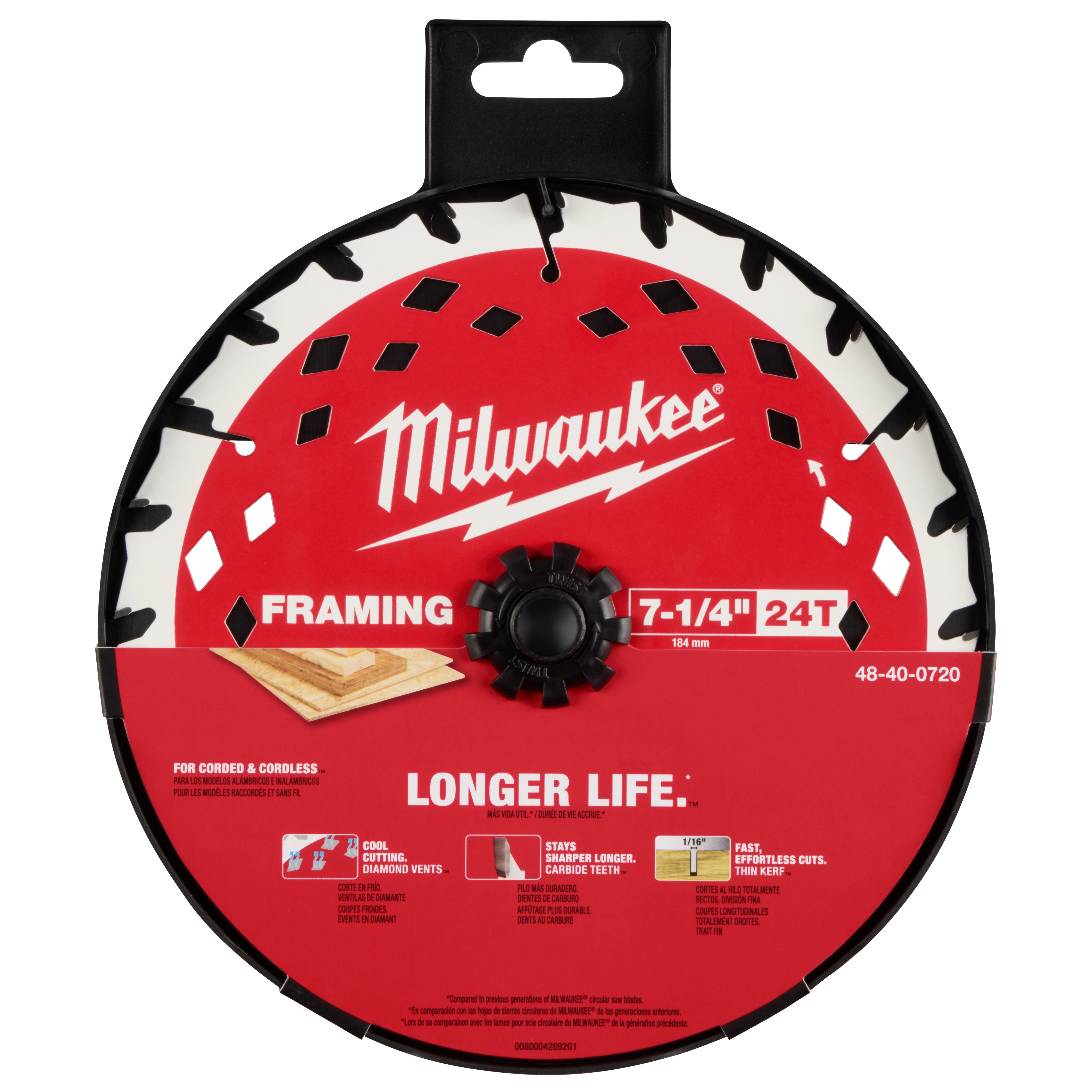 Milwaukee Framing 7-1/4" 24T Circular Saw Blade with red and black design, suitable for corded and cordless saws.