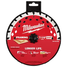 Milwaukee Framing 7-1/4" 24T Circular Saw Blade with red and black design, suitable for corded and cordless saws.