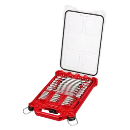 46pc 1/4” and 3/8” Drive SAE Bit Socket Set with PACKOUT Compact Low-Profile Organizer open with arranged bits.