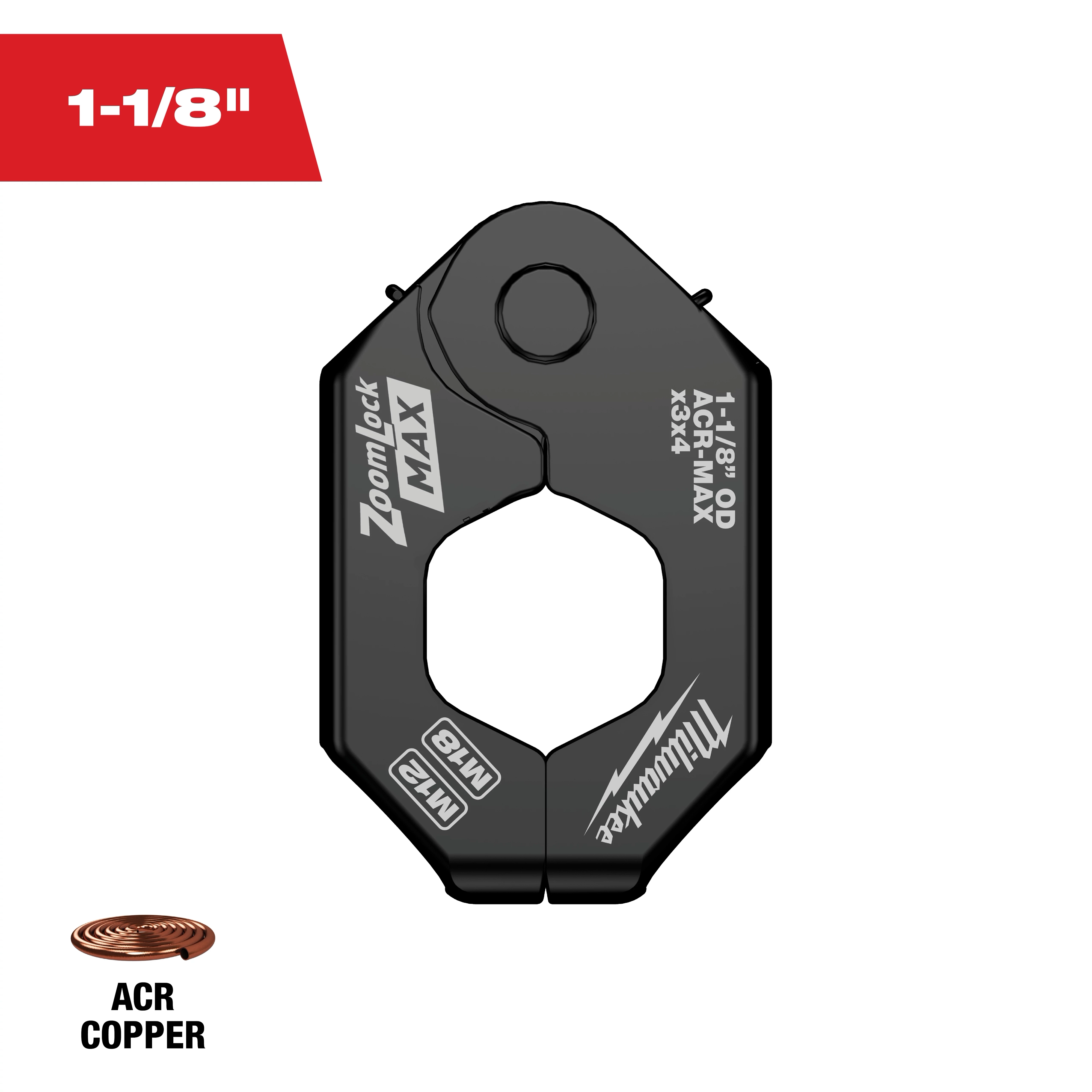 1-1/8" ZoomLock MAX® & MaxiPro® Pivoting Press Ring designed for ACR copper connections. The ring is black with white text indicating its specifications and brand. A red label on the top left displays the size, and a copper coil icon with "ACR COPPER" text is at the bottom left.