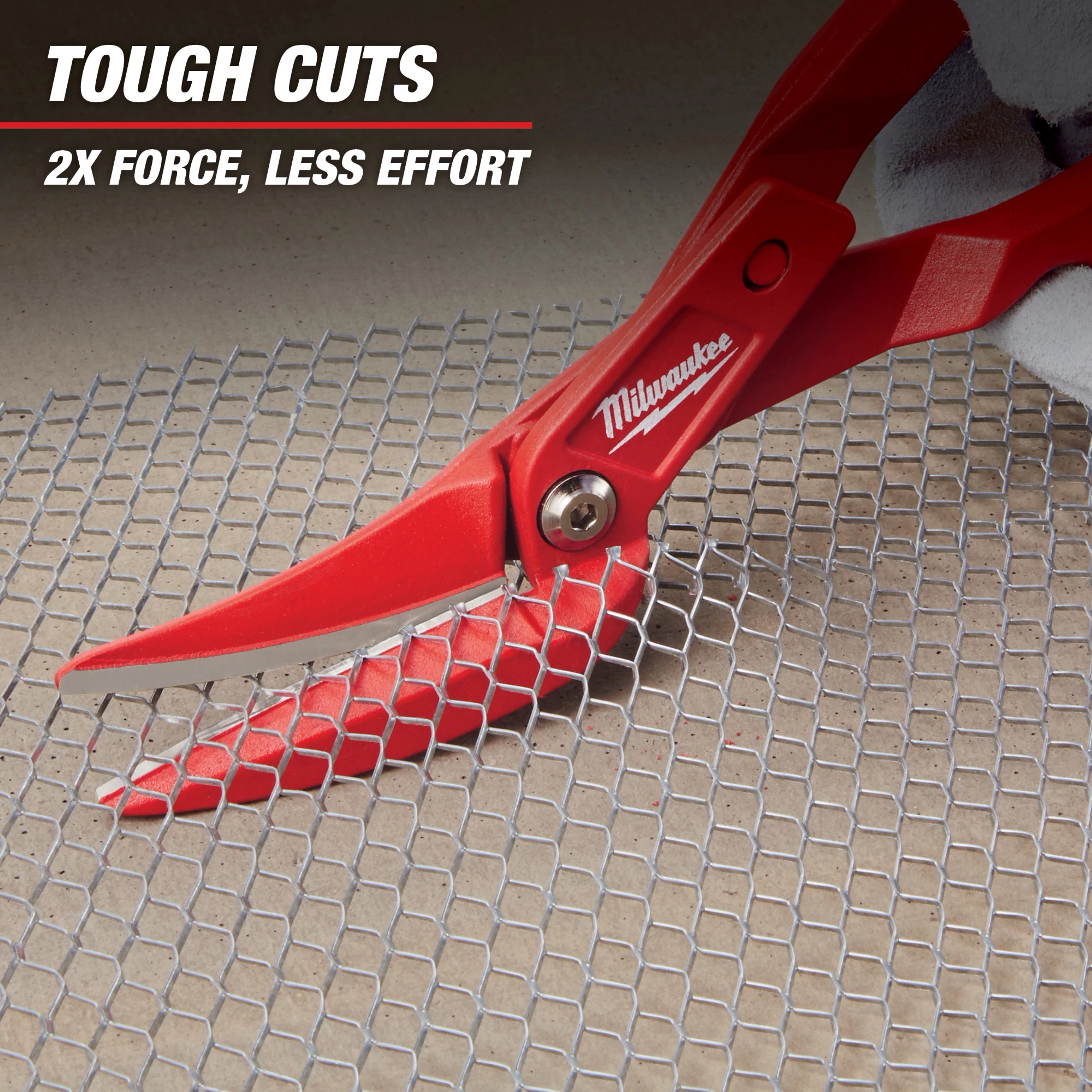Milwaukee utility shears cutting through a piece of wire mesh. Text above reads "Tough Cuts, 2x Force, Less Effort." The shears have red handles and a metallic hinge joint.