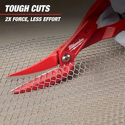 Milwaukee utility shears cutting through a piece of wire mesh. Text above reads "Tough Cuts, 2x Force, Less Effort." The shears have red handles and a metallic hinge joint.