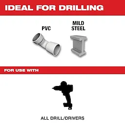 Black Oxide Step Drill Bit is ideal for drilling PVC and mild steel. Suitable for use with all drill/drivers. Red and white text highlights the features on a white background with black icons for materials and drill/drivers.