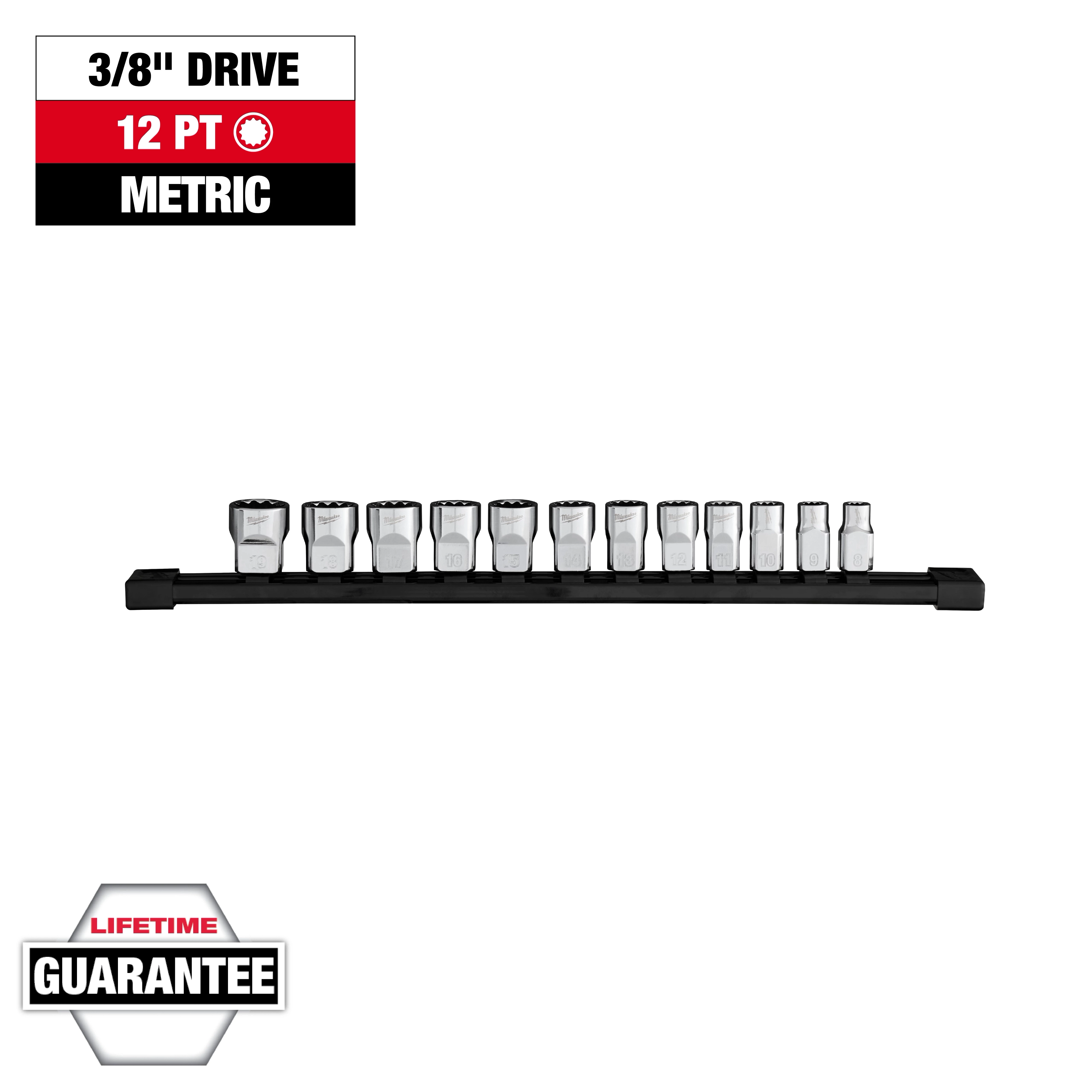 A 12pc 3/8” Drive 12-Point Metric Socket Set is displayed in a row on a black rail. The product is labeled with "3/8'' Drive," "12 PT," and "Metric" in a red and black banner. A "Lifetime Guarantee" badge is included.