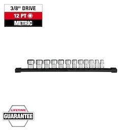 A 12pc 3/8” Drive 12-Point Metric Socket Set is displayed in a row on a black rail. The product is labeled with "3/8'' Drive," "12 PT," and "Metric" in a red and black banner. A "Lifetime Guarantee" badge is included.
