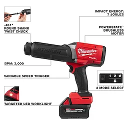 M18 FUEL STRIKER Hammer Chisel cordless tool with labeled features and black handle on a white background.