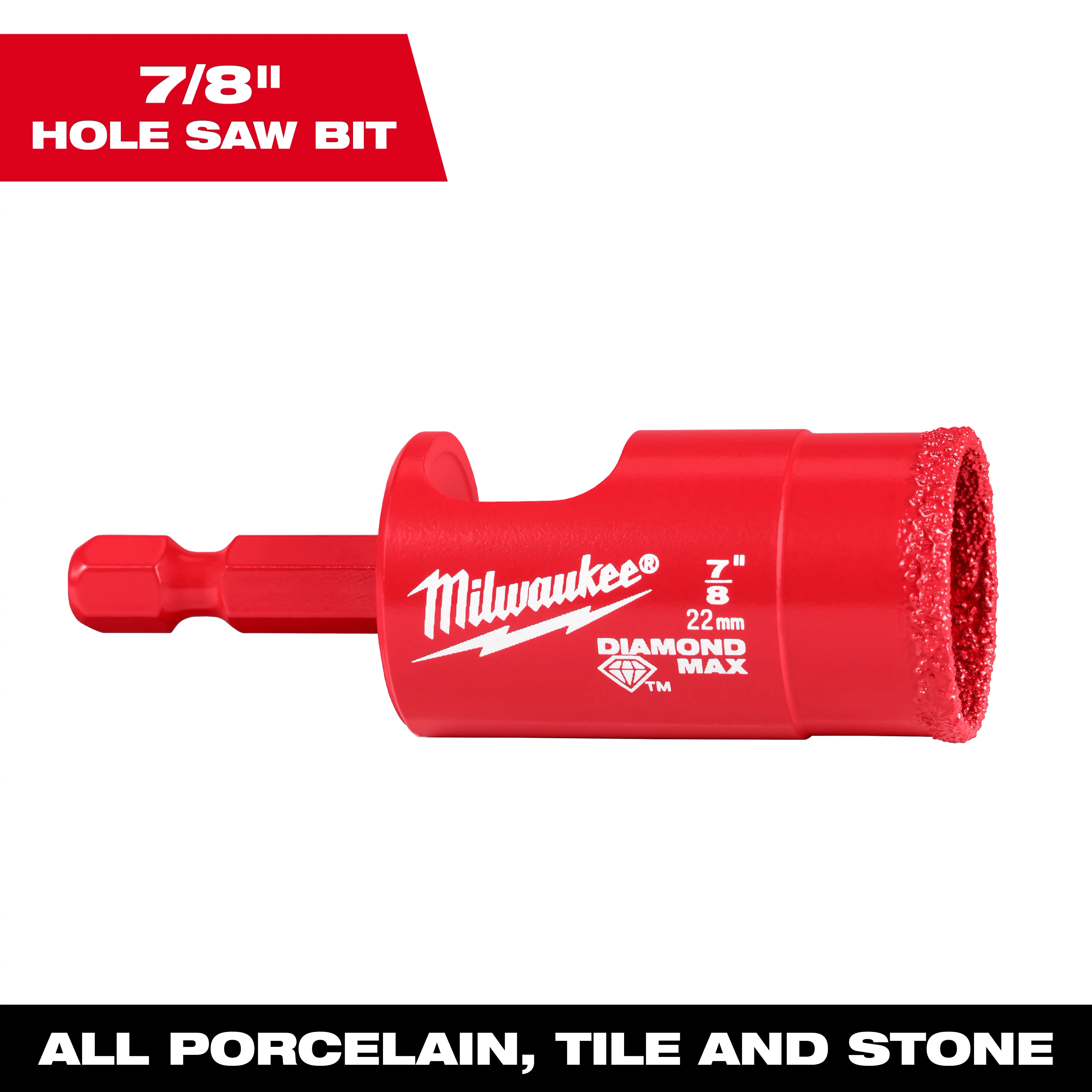 Milwaukee 7/8" Diamond Max Hole Saw Bit, designed for cutting through porcelain, tile, and stone, features a red body and diamond coating.