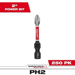 The image shows a SHOCKWAVE™ 2" Impact Duty Phillips #2 Power Bit, featuring a red and silver design with "Milwaukee" branding. It is packaged in quantities of 250 (250 PK), indicated by the text in red boxes at the top left and bottom right corners of the image.