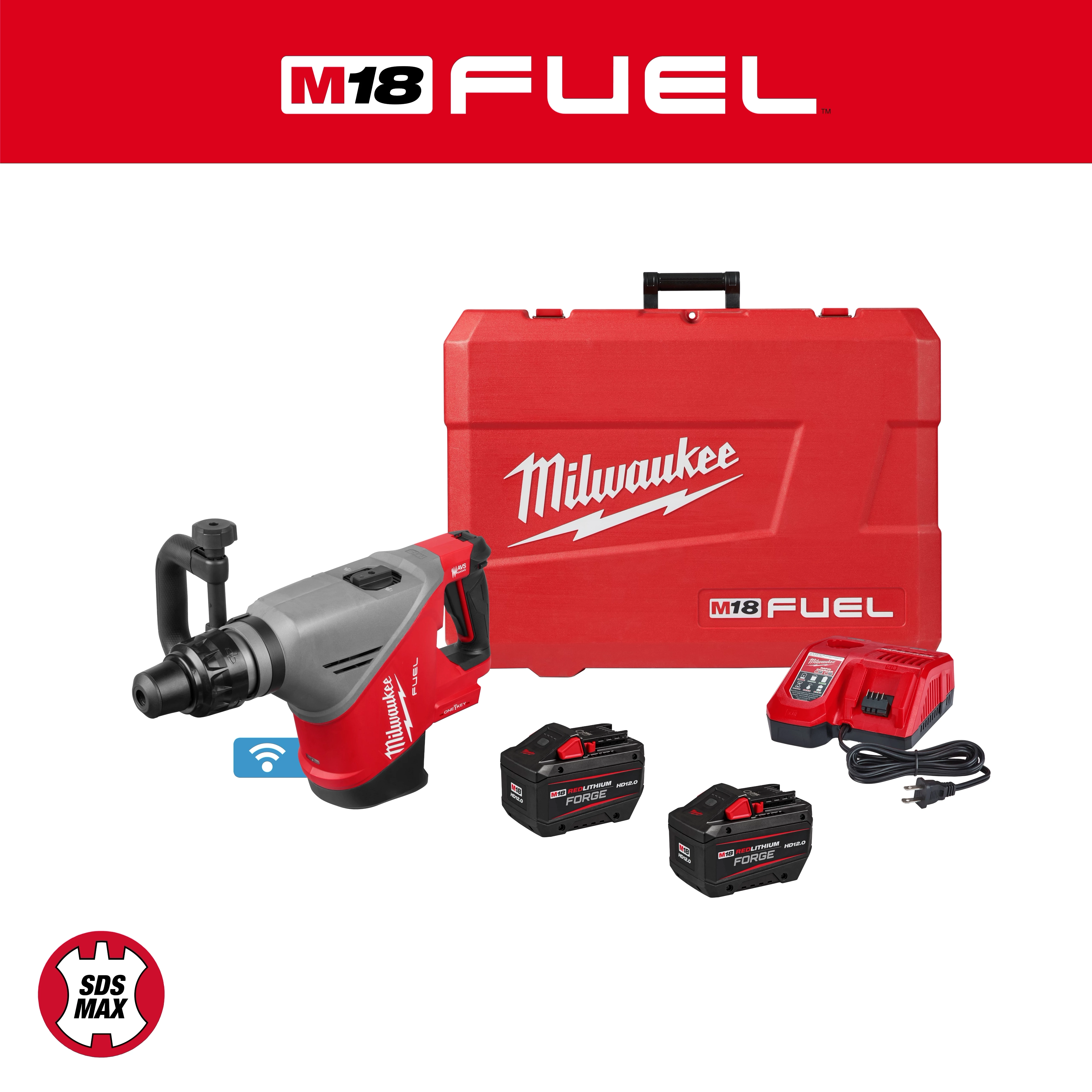 M18 FUEL 18 lb SDS MAX Demolition Hammer Kit w/ ONE-KEY with case, two batteries, charger, and hammer tool.