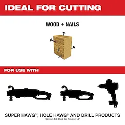 Ideal for cutting wood and nails, the SUPER HAWG, HOLE HAWG, and other drill products require a minimum drill chuck size of 1/2 inch. The image shows compatible drills in silhouette.