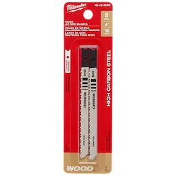 4" 10TPI U-Shank Wood High Carbon Steel Jig Saw Blades 5PK in red packaging, two blade pieces visible, labeled "High Carbon Steel."