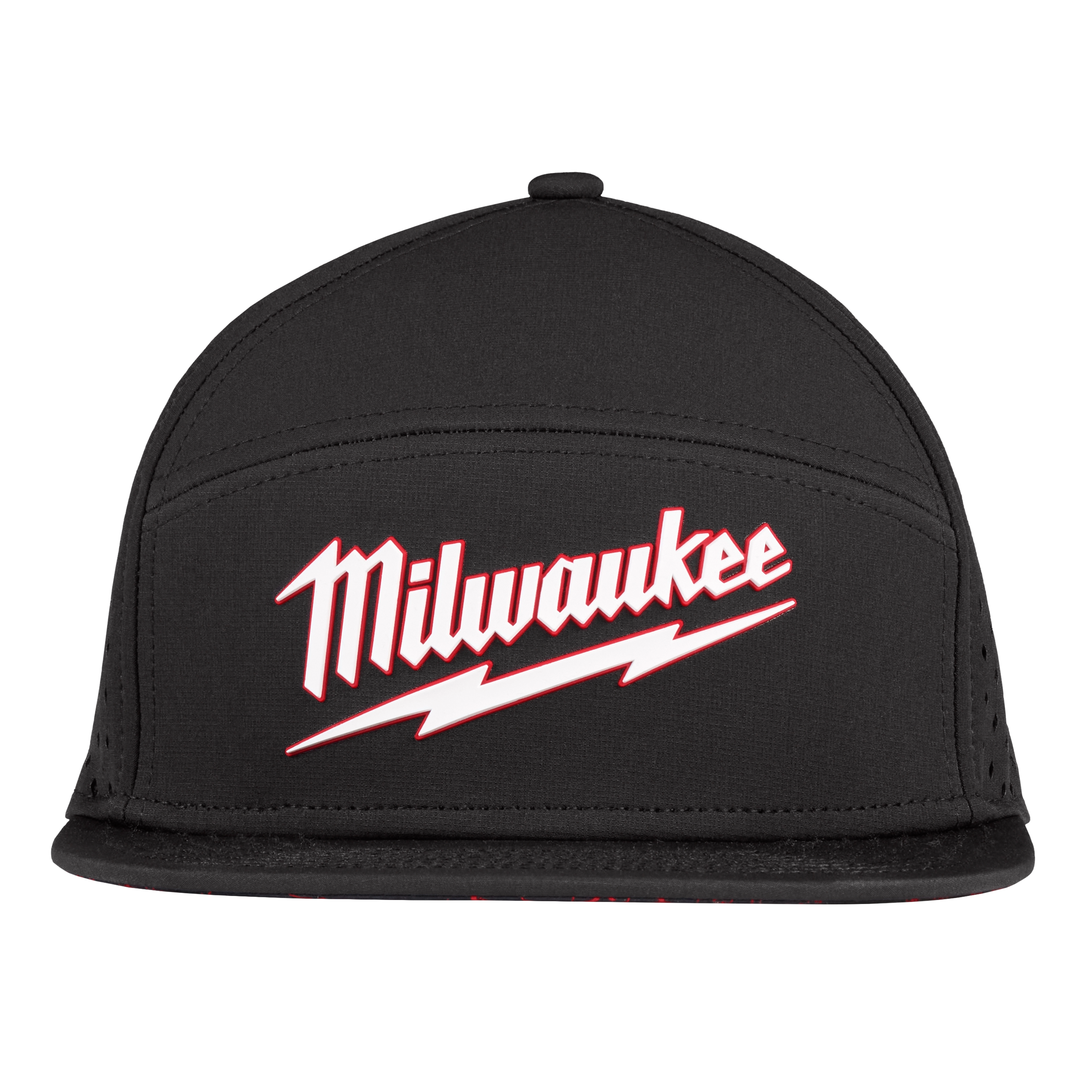 Flat Brim Snapback cap in black with the word "Milwaukee" in red and white text on the front, above a white zigzag line.