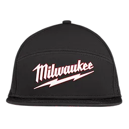 Flat Brim Snapback cap in black with the word "Milwaukee" in red and white text on the front, above a white zigzag line.