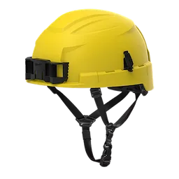 BOLT™ Yellow Safety Helmet with 4-point ratcheting suspension, Type 2, Class E. The helmet features adjustable black straps and fittings, providing secure and comfortable protection for industrial and construction environments.