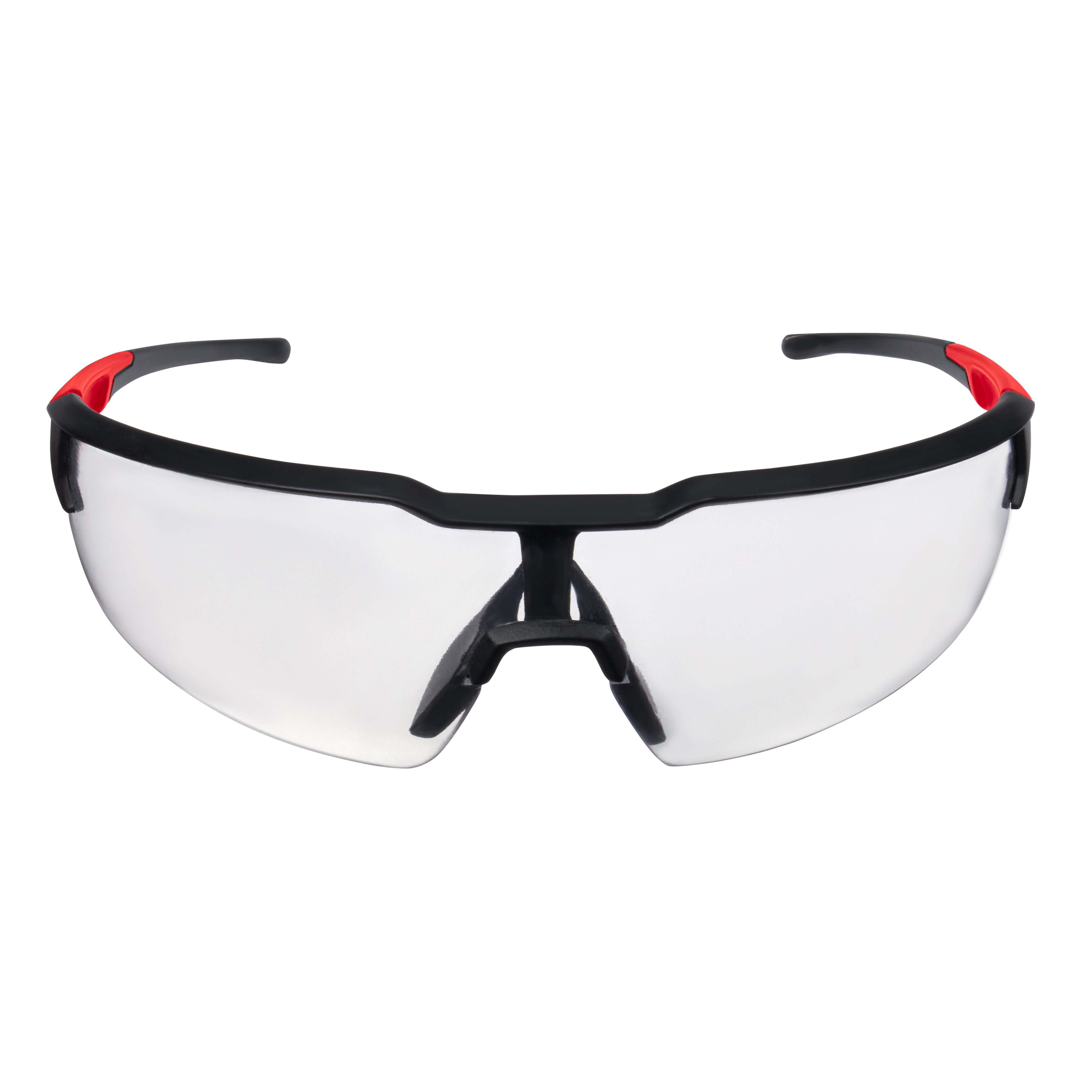 Safety Glasses with Clear Anti-Scratch Lenses have a sleek design with black frames, red accents, and clear, wraparound lenses.