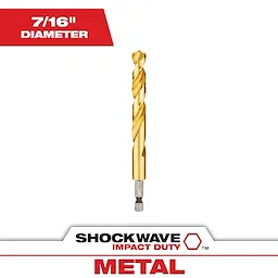 The SHOCKWAVE 7/16 in. Titanium Twist Drill Bit is shown. It features a titanium coating for durability and a twist design for effective drilling in metal.