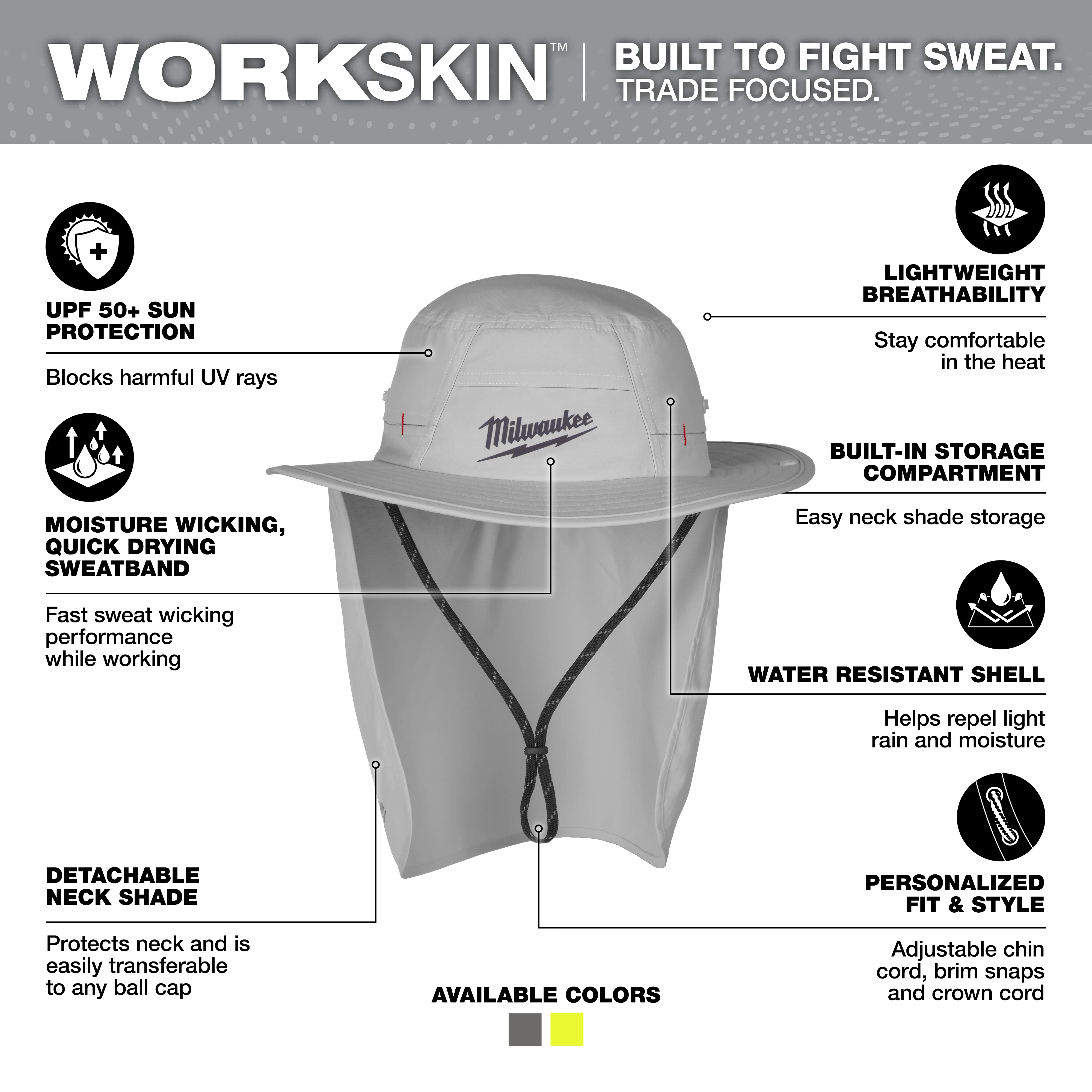 WORKSKIN Sunshade Hat - Gray features UPF 50+ sun protection, moisture-wicking sweatband, detachable neck shade, and lightweight, breathable material.