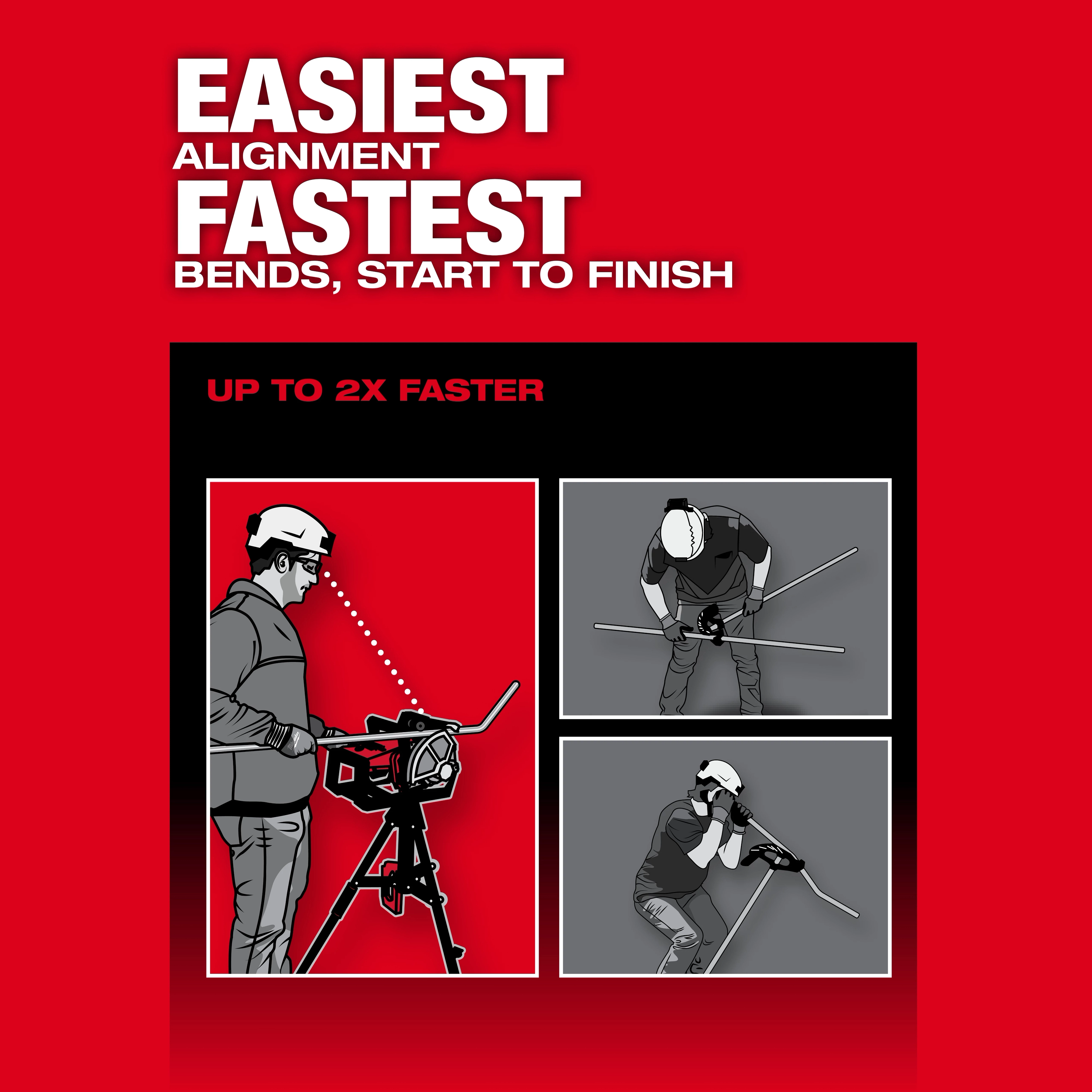 Promotional image for M18 FUEL™ BRANCH CONDUIT BENDER w/ AUTO-ZERO™. Features bold text highlighting "Easiest Alignment, Fastest Bends, Start to Finish" and "Up to 2X Faster". Includes illustrations of workers using the bender machine efficiently, emphasizing improved productivity. Background uses a red and black color scheme.