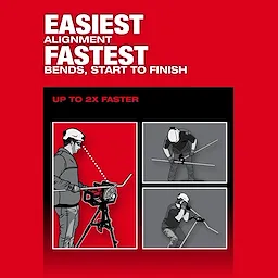 Promotional image for M18 FUEL™ BRANCH CONDUIT BENDER w/ AUTO-ZERO™. Features bold text highlighting "Easiest Alignment, Fastest Bends, Start to Finish" and "Up to 2X Faster". Includes illustrations of workers using the bender machine efficiently, emphasizing improved productivity. Background uses a red and black color scheme.