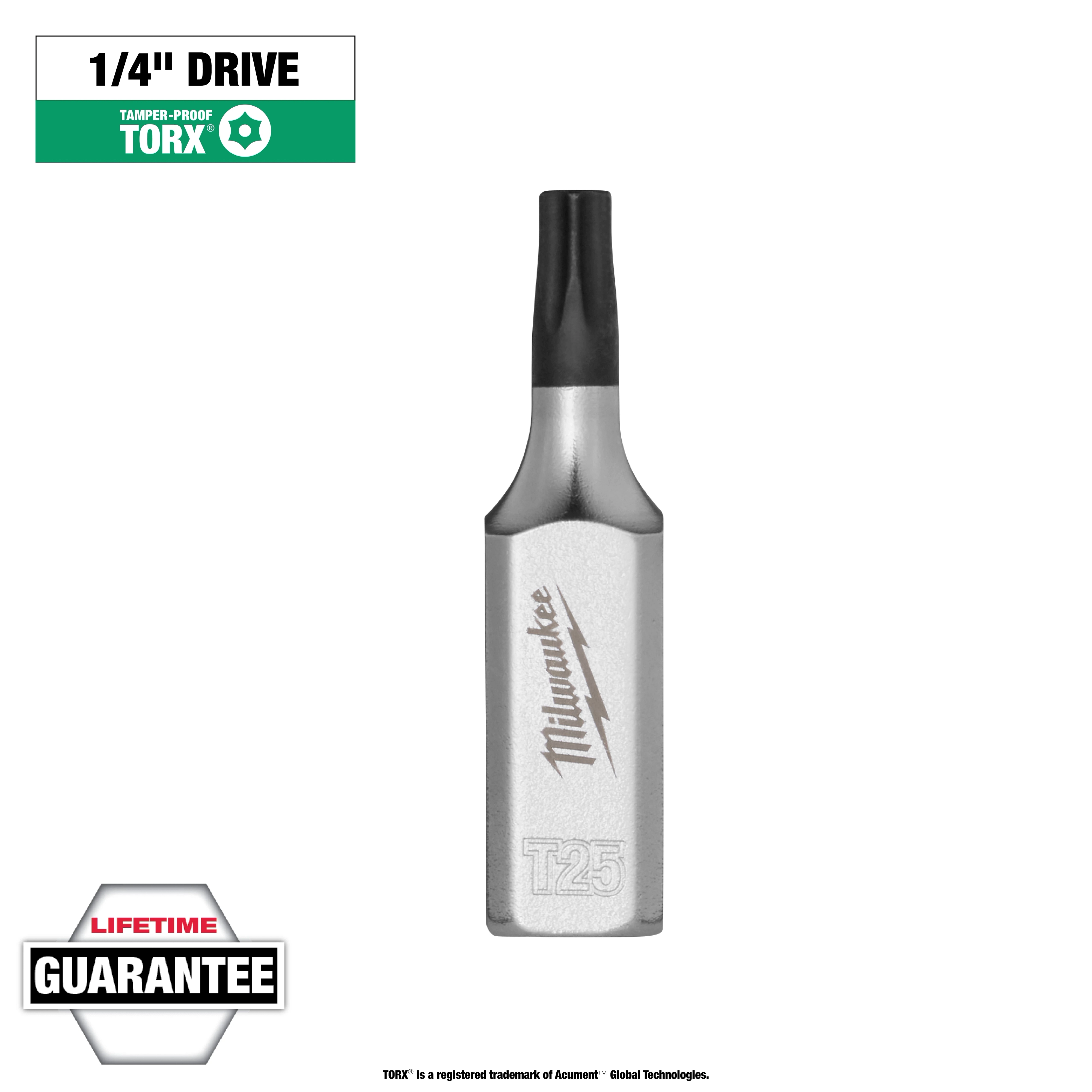 1/4" Drive T25 Tamper Proof TORX Bit Socket, silver with a black tip, embossed "Milwaukee" logo and "T25," Lifetime Guarantee label.