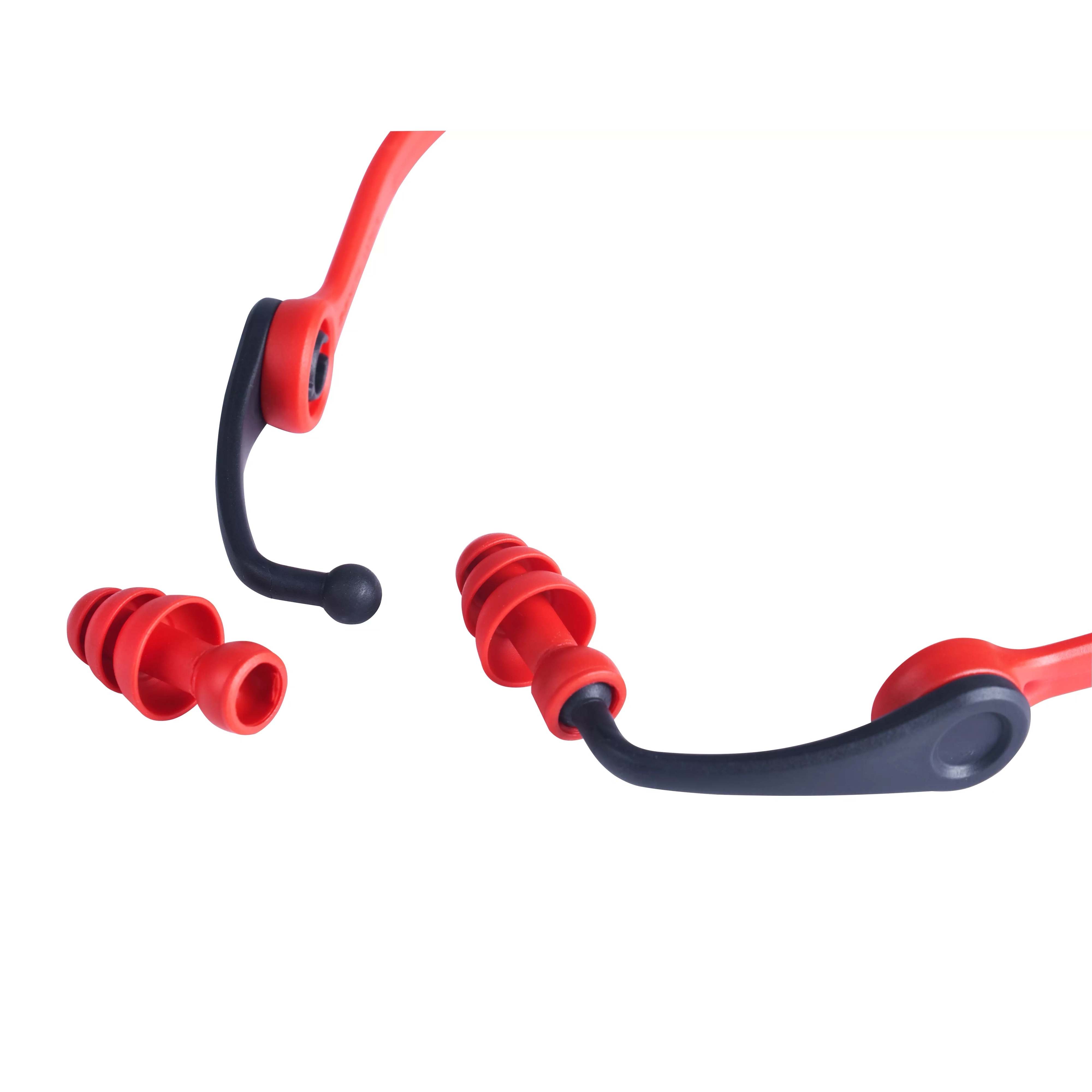 Banded Hearing Protection features red silicone earplugs attached to a flexible black and red band, designed for comfortable ear protection.
