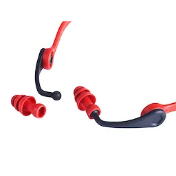 Banded Hearing Protection features red silicone earplugs attached to a flexible black and red band, designed for comfortable ear protection.