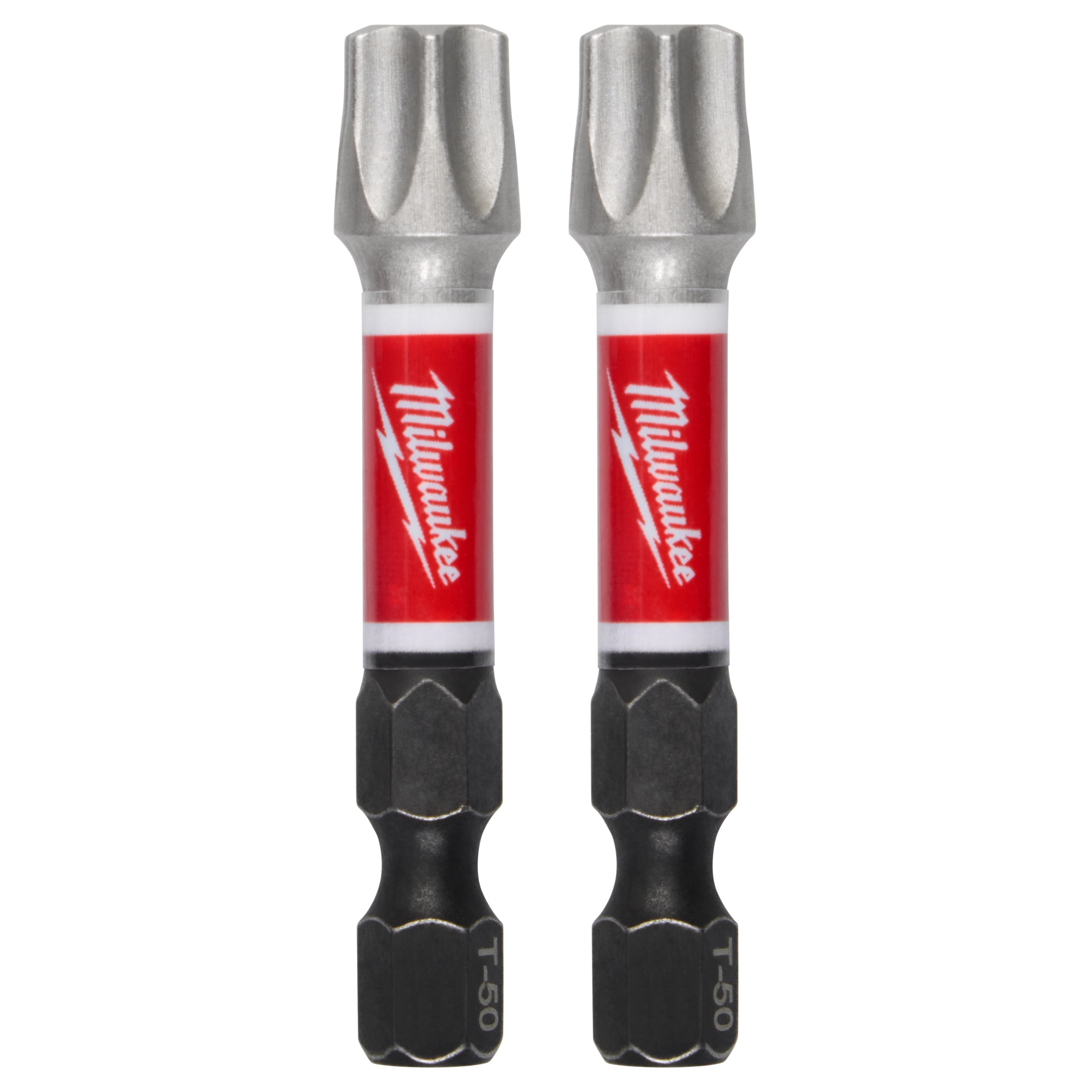 The image shows two SHOCKWAVE™ Impact Duty 2" T50 Impact Bits 2Pk from Milwaukee with black and red labels, designed for high durability and performance.