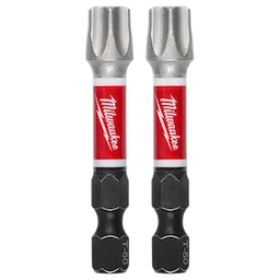 The image shows two SHOCKWAVE™ Impact Duty 2" T50 Impact Bits 2Pk from Milwaukee with black and red labels, designed for high durability and performance.