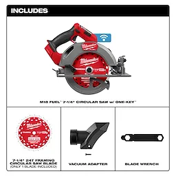 Milwaukee M18 FUEL 7-1/4" Circular Saw with ONE-KEY features a red and black body. The package also includes a 7-1/4" 24-tooth thick kerf framing blade, vacuum adapter, and blade wrench.