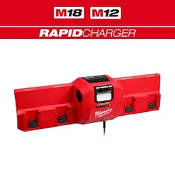 The M18™ and M12™ Gangbox Rapid Charger by Milwaukee is a red multi-battery charger with six charging slots, designed for rapid and efficient charging of M18 and M12 batteries. The charger features an LCD screen and is shown against a white background with the product name above.